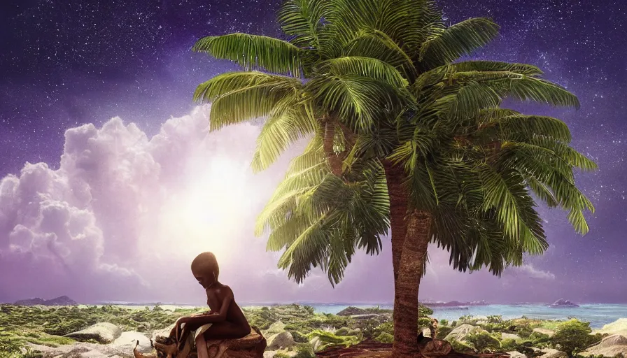 Image similar to very very small goat, sitting on a gigantic coconut tree in moonlit socotra island by ilya kuvshinov, starry night, rtx rendering, octane render 1 2 8 k, maya, extreme high intricate details by tom bagshaw, medium shot, close up shot, composition by sana takeda, lighting by greg rutkowski