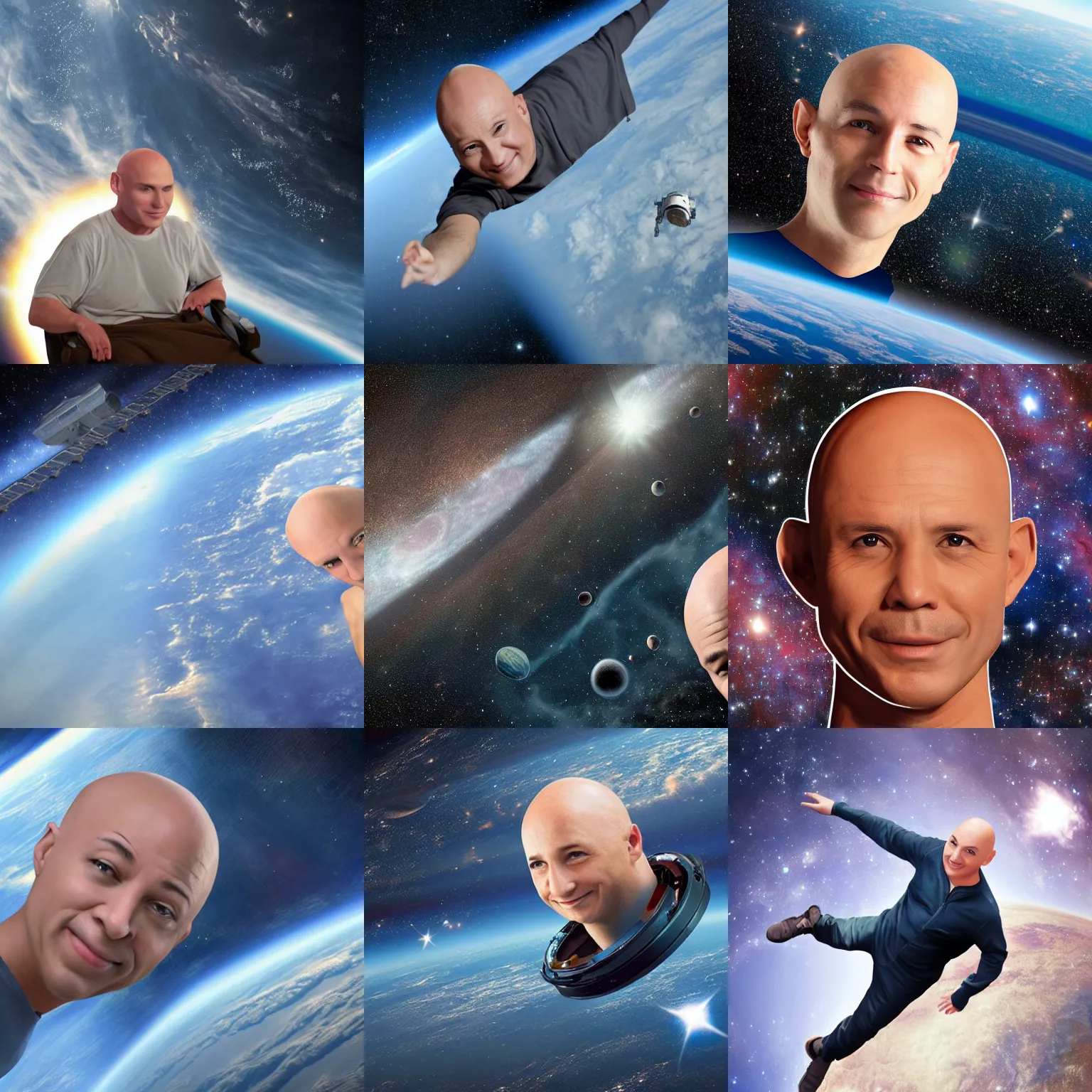 Prompt: a just only bald head, floating, in space,