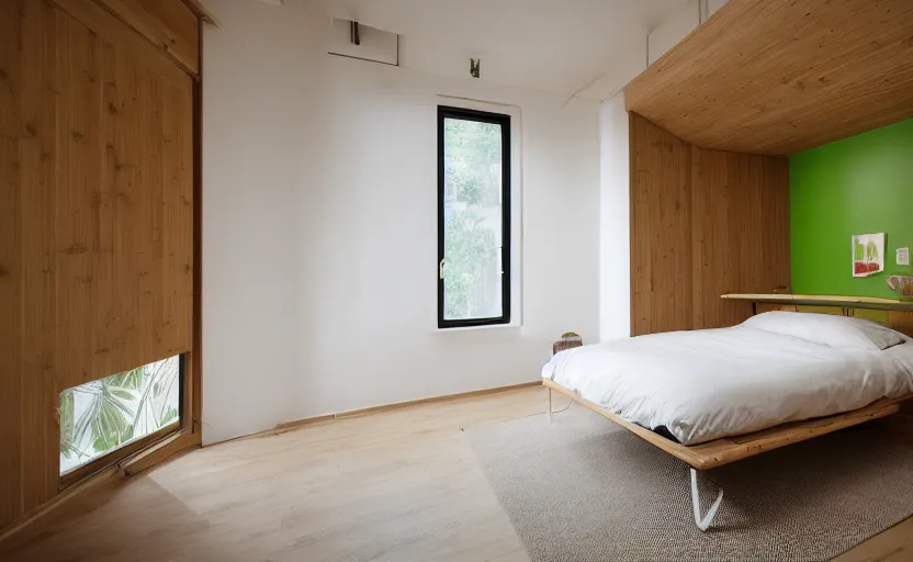 Image similar to interior of a small and compact minimalist bedroom in an apartment building, bed, cupboards, natural materials, bamboo wood, white, beige, bright, green painted wall, windows with a view of a green park, modernist, swedish design, japanese style, 8 k