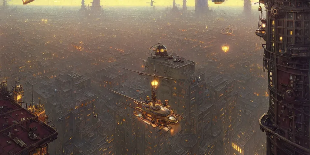 Image similar to steampunk airship above a busy city, exquisite details, denoised, mid view, by norman rockwell, karl kopinski, artsation, greg rutkowski, makoto shinkai, takashi takeuchi, studio ghibli