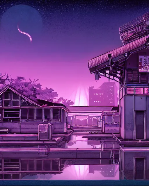 Prompt: a beautiful very detailed anime illustration of nature chalet industrial architecture abandoned urbex building architecture by martin johnson heade, architecture island flowers forest galactic neon noir infrared vice city thermal imaging, archdaily, wallpaper, highly detailed, trending on artstation.