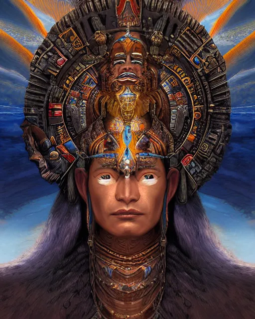 Prompt: digital painting of itzamna, mayan chief god, ruler of heaven of night and day, by filipe pagliuso and justin gerard, symmetric, fantasy, highly detailed, realistic, intricate, portrait, sharp focus, tarot card