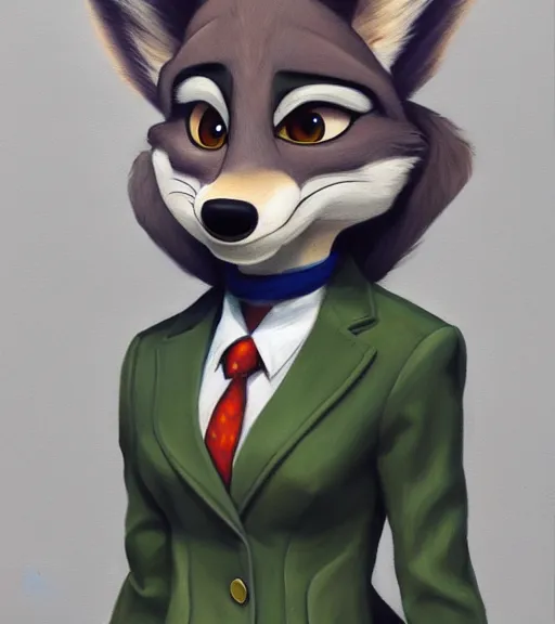 Image similar to oil painting of anthromorphic female wolf, in style of zootopia, zootopia, zootopia, fursona, furry, furaffinity, 4 k, deviantart, furry art, fursona art, wearing black business suit, business suit, in style of zootopia, wolf fursona, cyberpunk, female, expressive detailed feminine face,