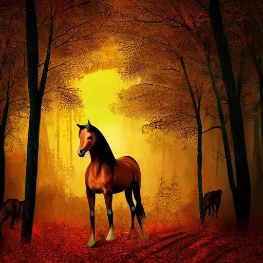 Prompt: A horse in a forest full of autumn trees, with sunset, digital art, trending on artstation, HDR