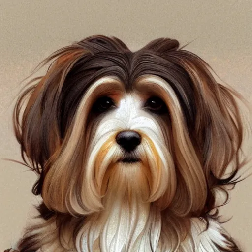 Image similar to beautiful detailed picture of a havanese with white and brown hair, radiant light, art nouveau, intricate, elegant, highly detailed, my rendition, digital painting, artstation, concept art, smooth, sharp focus, illustration, art by artgerm and greg rutkowski and alphonse mucha