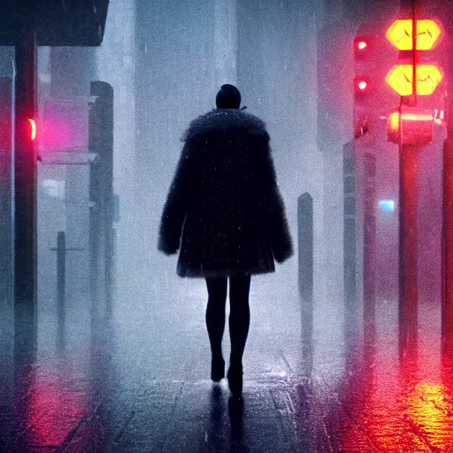 Image similar to a girl walking in a rainy city, still from bladerunner 2049, cinematic