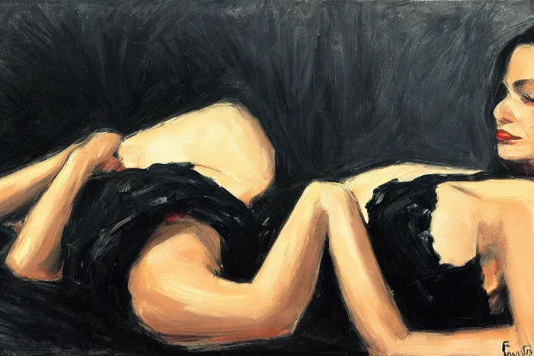 Image similar to Ground Level Shot, long shot of a beautiful dark haired woman wearing a black dress, laying on her back on a bed. by fabian perez