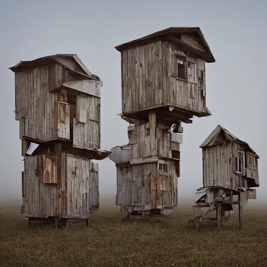 Prompt: two high towers, made up of makeshift squatter shacks with faded colours, plain uniform sky at the back, uneven fog, mamiya, fully frontal view, ultra sharp, very detailed, photographed by julie blackmon