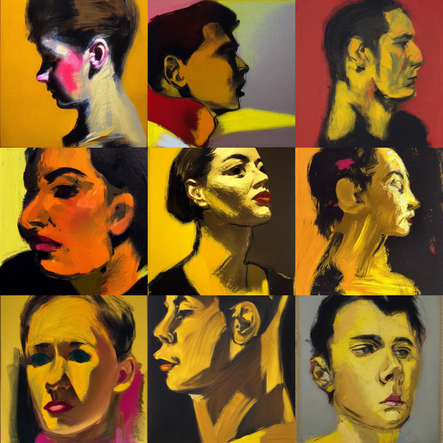 Prompt: profile portrait in soumi realist style ( 1 9 5 4 ), yellow ochre, quinacridone magenta, mars black, modeled lighting, detailed, expressive, shadows