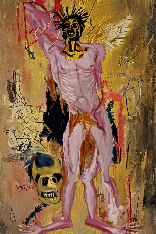 Prompt: Jean-Michel Basquiat as a full-body golden baroque statue of Icarus in the posing like a bird for flight, crown of peach roses, flowing pink-colored silk, fabric, flowers. baroque elements, human skull. full-length view. baroque element. intricate artwork by caravaggio. many many birds birds on background. Trending on artstation. halo. octane render, cinematic, hyper realism, octane render, 8k, depth of field, 3D