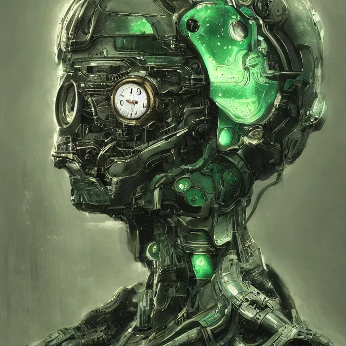 Prompt: portrait of a green Ultron from Age of Ultron, clockwork steampunk, head and chest only, by Beksinski, 4k, deviantart, trending on artstation