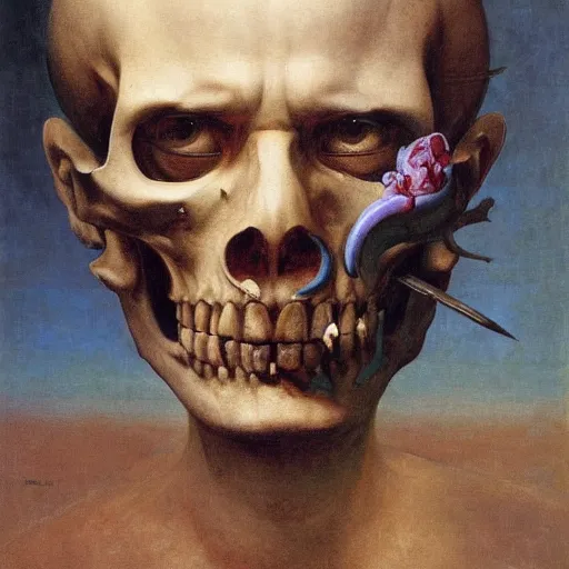 Image similar to Realistic painting of a swordsman with a skull for a face high-detailed oil painting by Ilya Repin, William Blake, Michelangelo da Caravaggio, Alex Grey and Beksinski, masterpiece, 4k