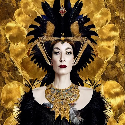 Prompt: a breathtaking portrait of a fierce proud queen of ravens, in a black dress with a collar made of iridescent feathers and golden adornments, geometrical background, gold foil, intricate details, by soey milk and amir ershadi and anja millen