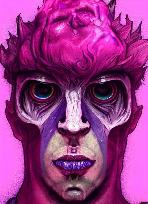 Image similar to close up portrait of a gay monster in the mountains of hell, pink light, purple gay colors, oil painting by tomasz jedruszek, cinematic lighting, pen and ink, intricate line, hd, 4 k, million of likes, trending on artstation