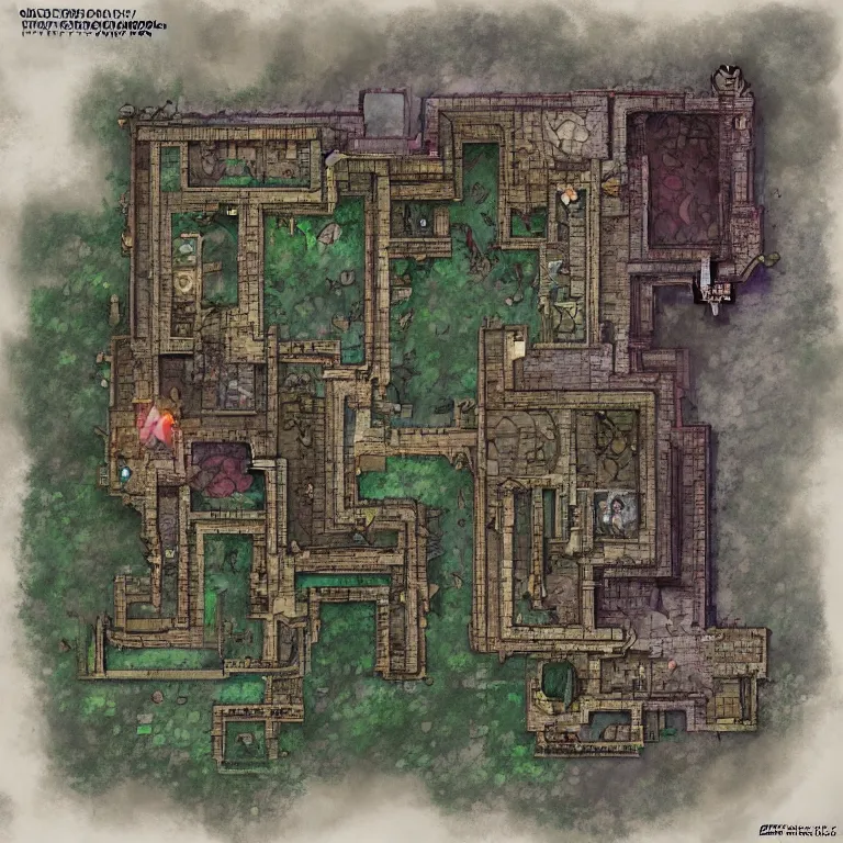 Image similar to full - color fantasy floor plan map of a dungeon, by greg rutkowski and james gurney, trending on artstation