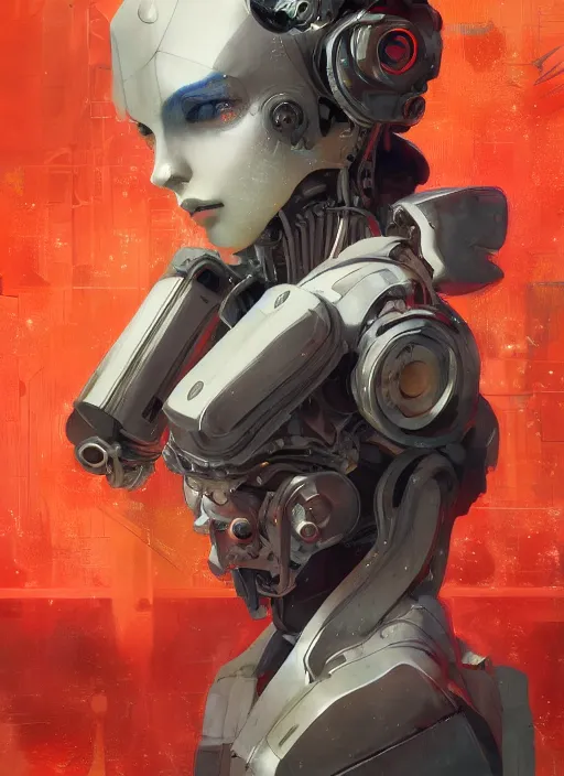 Image similar to surreal painting, by yoshitaka amano, by ruan jia, by conrad roset, by good smile company, by Kilian Eng, detailed anime 3d render of a female mechanical android, portrait, cgsociety, artstation, modular patterned mechanical costume and headpiece, cyberpunk atmosphere