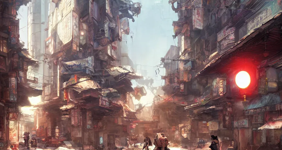 Prompt: craig mullins and ghibli digital art of chinatown street, sunset alley, erlang shen yang jian in a mecha shuttles through the ancient city of china, cyberpunk style, unreal engine, hyper realism, realistic shading, cinematic composition, realistic render, octane render, detailed textures, photorealistic, wide shot