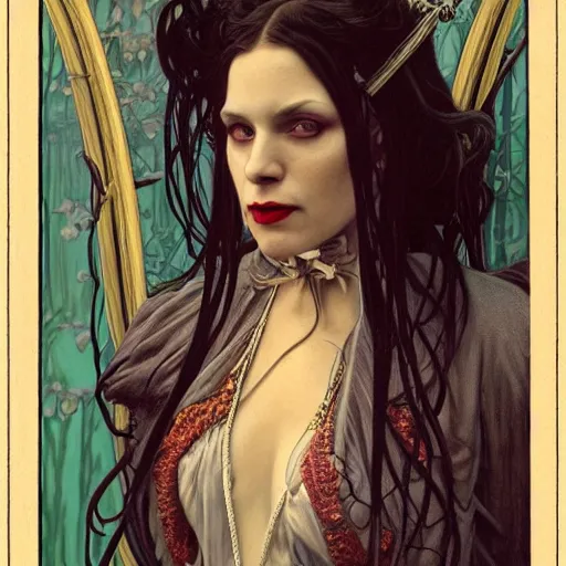 Image similar to portrait of a lady vampire, 35mm, victorian, depth of field, ominous, sharp, highly detailed, photorealistic, realistic, unreal 5, high definition, 8k, deviantart, donato giancola, irwin penn, ((Alphonse Mucha))