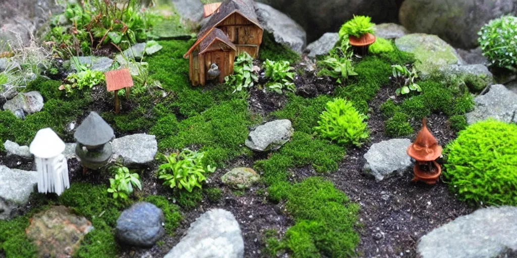 Image similar to miniature garden, cottagecore, moss, plants, cute, friendly