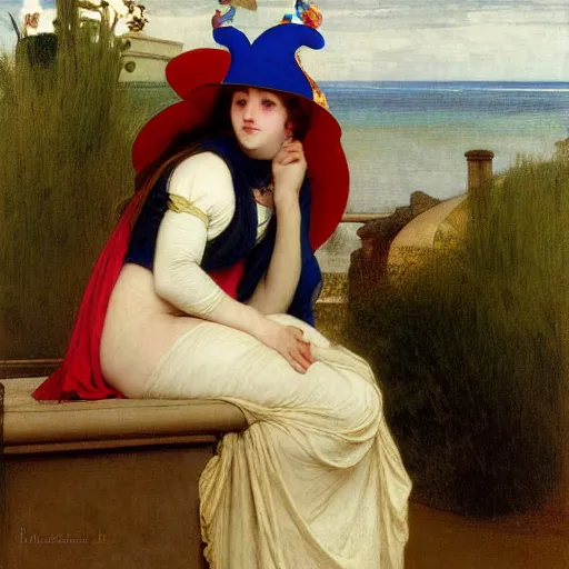 Image similar to A girl with jester hat and clothes on the front of a Balustrade with a beach on the background, major arcana clothes, by paul delaroche, alphonse mucha and arnold böcklin arnold böcklin hyperrealistic 8k, very detailed