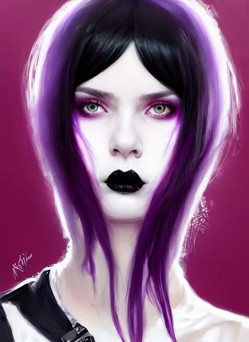 Image similar to portrait of white teenage girl, normal face, black bangs, mall goth, cyberlox, black and white hair, bangs, fluffy bangs, red contacts, purple lipstick, intricate, elegant, highly detailed, digital painting, artstation, concept art, sharp focus, smooth, illustration, art by wlop, mars ravelo and greg rutkowski