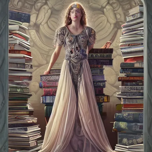 Image similar to a portrait of a older anya taylor - joy as the goddess minerva surrounded by stacks of books, bioluminescent gown with deep level of detail of esoteric symbols, urban motifs, intricate, elegant, highly detailed, digital painting, trending on artstation, concept art, smooth sharp focus, illustration, art by artgerm and greg rutkowski