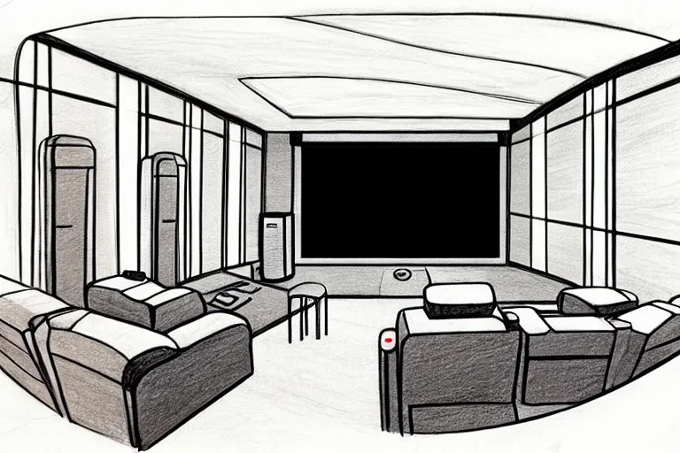 Image similar to a modern home movie theater, sleek, comfortable, stylish decor, designed by martyn lawrence bullard, color pencil sketch illustration