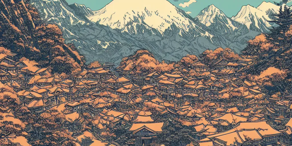 Prompt: a japanese village high in mountains, detailed landscape, symmetry, landscape concept by moebius and laurie greasley, fantastic landscape, 8 k, cinematic color grading