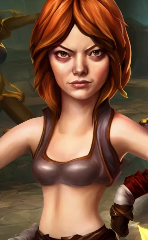 Prompt: Emma Stone as a character in the game League of Legends, with a background based on the game League of Legends, detailed face, old 3d graphics