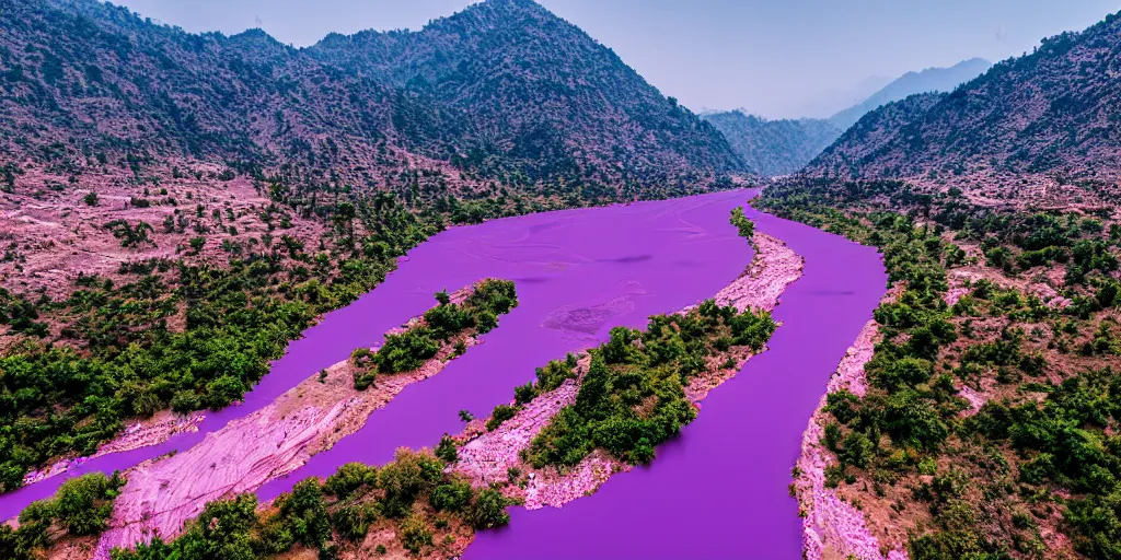 Prompt: still film of tawi river in jammu with purple landscape, 8 k, intricate, elegant