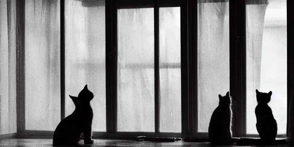 Prompt: silhouette of a girl and her cat, looking out a window on a rainy day, inside a cozy apartment, with a city view. atmospheric, moody, cozy, rainy day, backlit,