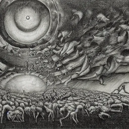Prompt: the end of the world by hironymous bosch, detailed drawing,