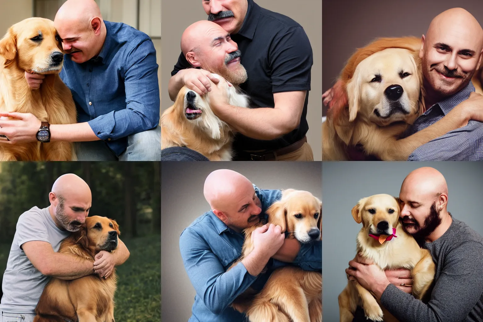 Prompt: Bald man with mustache hugging Golden Retriever, realistic