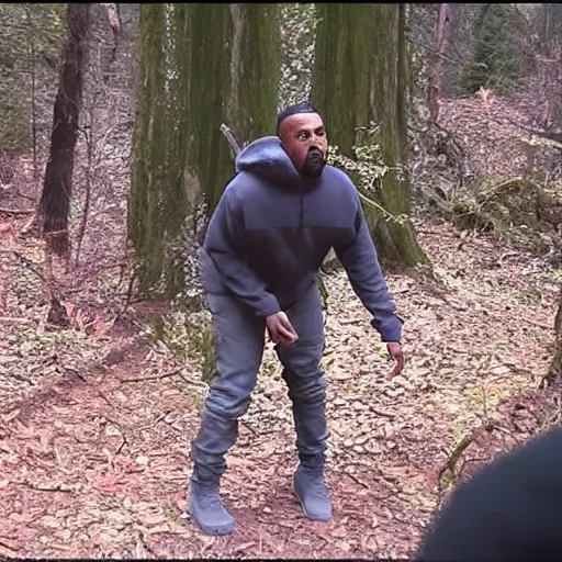 Image similar to trailcam footage of kanye west crying and screaming in the forest