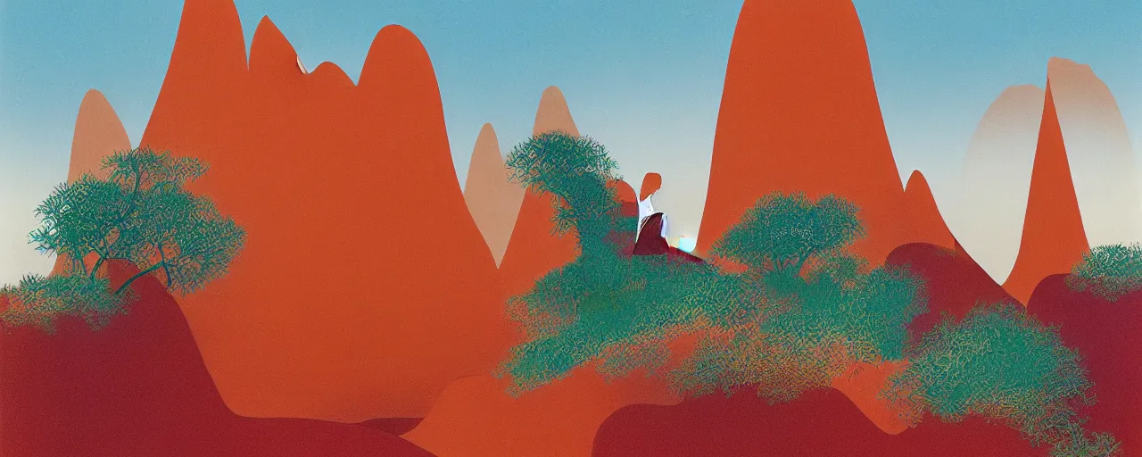 Prompt: deep golden sand desert, sand dunes, small oasis, sand mists, red sandstone natural sculptures, desert flowers, subtle color variations, highly detailed, wind, a white robed benevolent magician clothed in a royal garment in contemplation meditating upon God, by Eyvind Earle and Mary Blair