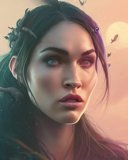 Image similar to highly detailed vfx portrait of megan fox as a witch, stephen bliss, unreal engine, greg rutkowski, loish, rhads, beeple, makoto shinkai and lois van baarle, ilya kuvshinov, rossdraws, tom bagshaw, alphonse mucha, global illumination, detailed and intricate environment