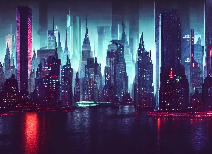 Prompt: cyberpunk scifi scene of new york skyline at night, artstation, matt painting, very detailed, maximalism, ambient occlusion, volumetric light, atmospheric haze, unreal engine, hyper realism, realistic shading, cinematic composition, realistic render, octane render, detailed textures, photorealistic, wide shot