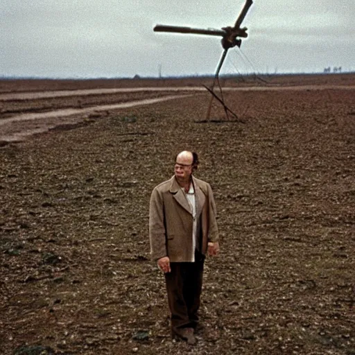 Prompt: george costanza in a barren wasteland, shot by andrei tarkovsky in his film stalker