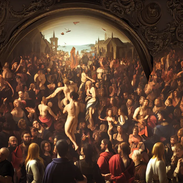 Image similar to portrait of beautiful man in a crowd of medieval people surrounding UFO flying saucer, dream-like atmosphere, baroque portrait painting, perfect portrait composition, beautiful detailed intricate insanely detailed octane render trending on Artstation, 8K artistic photography, photorealistic, soft natural volumetric cinematic perfect light, chiaroscuro, award-winning photograph, masterpiece, Raphael, Caravaggio, Greg Rutkowski, Beeple