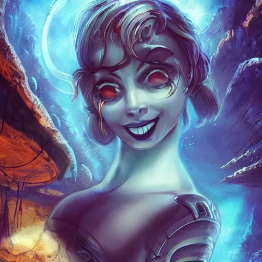 Prompt: Mysterious city under water. The Lost World of Atlantis. Alien marine beautiful woman looks at us. Big eyes, small genus, smile. Forehead tattoo. . Digital art. Super detail, 4k, wow, artstation trending