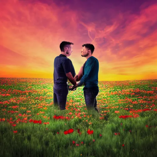 Image similar to a gay couple together in a field of flowers at sunset, realistic, intricate, 4k