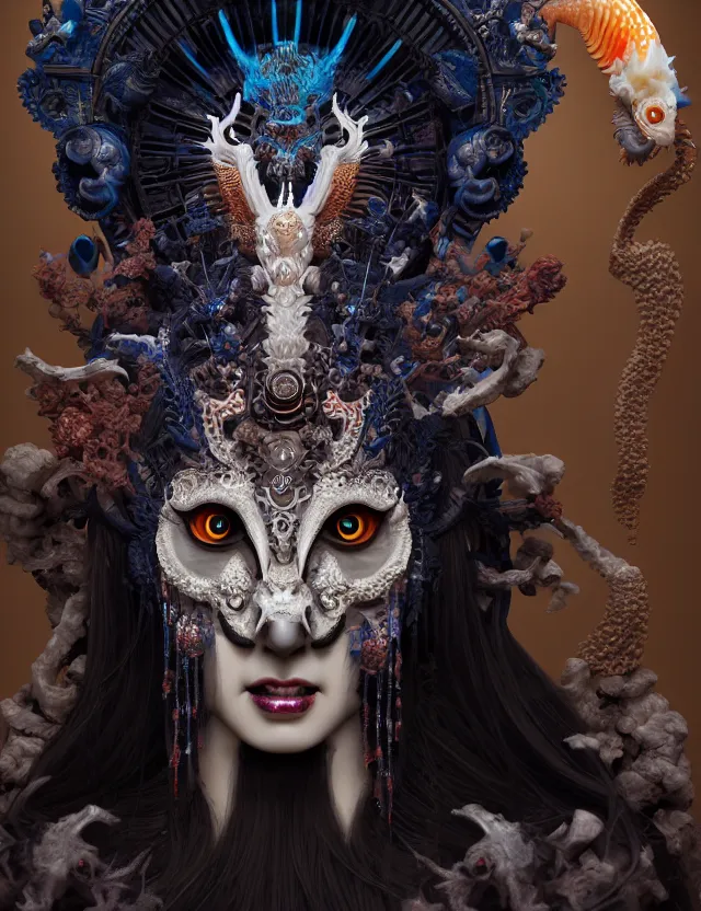 Image similar to 3 d goddess of hell close - up profile portrait with ram skull. beautiful intricately detailed japanese crow kitsune mask and clasical japanese kimono. betta fish, jellyfish phoenix, bio luminescent, plasma, ice, water, wind, creature, artwork by tooth wu and wlop and beeple and greg rutkowski