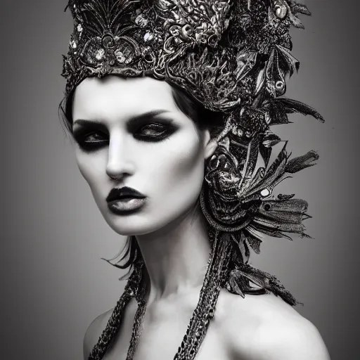 Image similar to a portrait of female model by stefan geselle and nekro borja, photorealistic, intricate details, hyper realistic, ornate headpiece, dark beauty, photorealistic, canon r 3, photography, wide shot, photography, dark beauty, symmetrical features