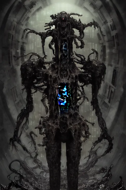 Prompt: dreamland of chinese, ghost, sharp, slender and densely arranged teeth, dystopian, cyberpunk, mould disintegrating into black dripping ink and slime, nanotech demonic monster horror, mecha, ominous, flowing mucus, intricate, studio, art by anthony macbain + greg rutkowski + alphonse mucha, concept art, 4 k, sharp focus