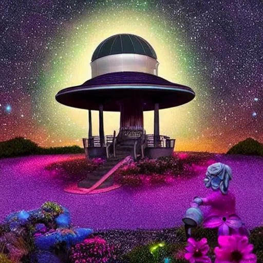 Prompt: futuristic observatory at dusk with galaxies in the space and Magic fairies in the garden that surrounds it imagination wonder beauty vibrant art