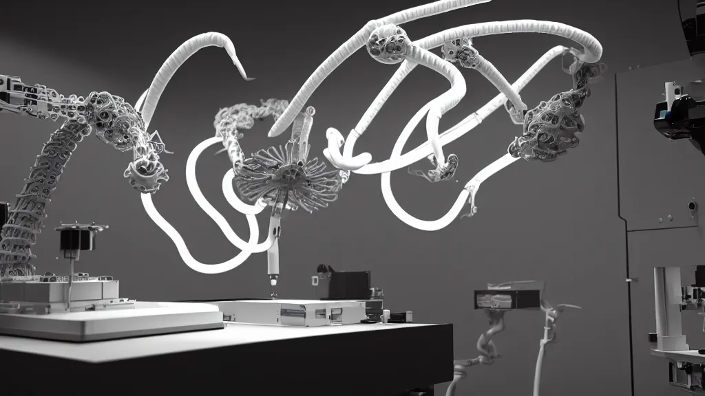 Image similar to a complex bifurcated robotic cnc surgical arm hybrid mri 3 d printer machine making swirling black and white ceramic mandlebulb mutant forms in the laboratory inspection room, film still from the movie directed by denis villeneuve with art direction by salvador dali, wide lens, f 3 2, cinematic lighting, studio quality, smooth render, unreal engine 5 rendered, octane rendered