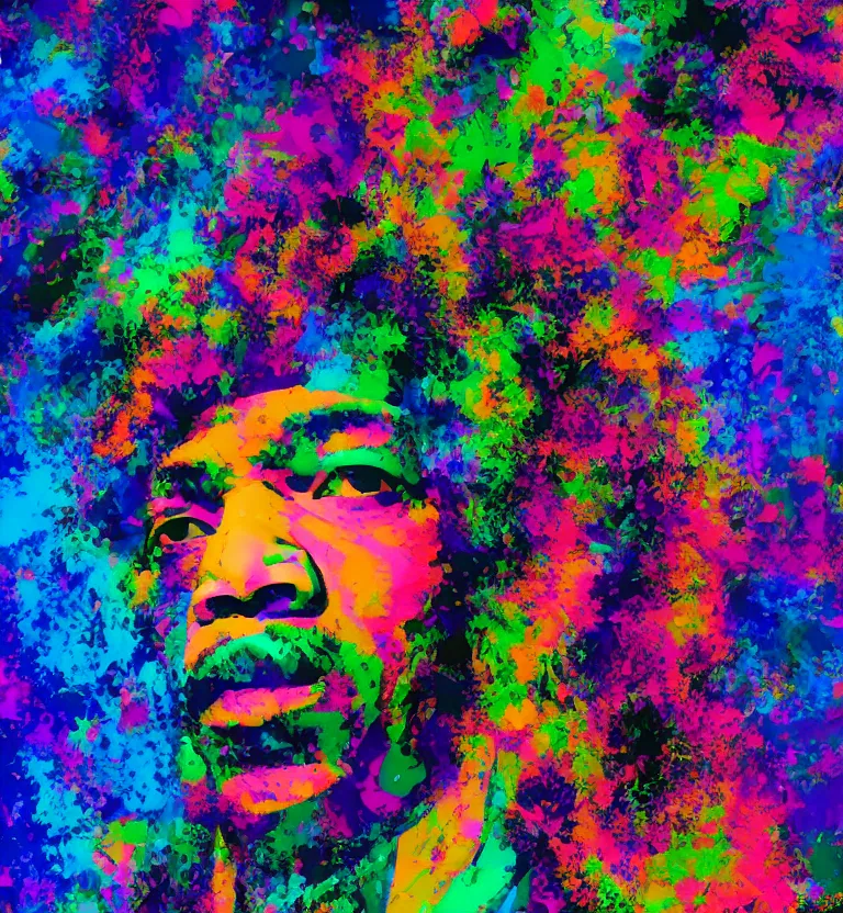 Image similar to jimi hendrix full body, colourful afrofuturist biomorphic scifi opart in background, 8 k