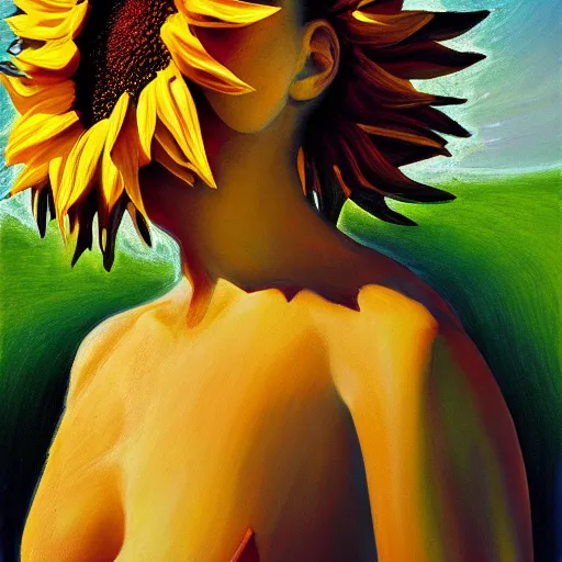 Image similar to closeup, giant sunflower head, woman standing in a luxury apartment, surreal, dramatic light, impressionist painting, digital painting, artstation, georgia o'keeffe