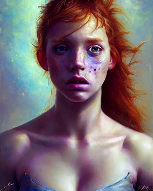 Image similar to female artist painting self - portrait, perfect face, magic, halter top, ginger hair, abs, cinematic, freckles, stunning, adorable, cute, athletic, strong, agile, highly detailed, psychedelic, digital painting, artstation, smooth, hard focus, illustration, art by jessica rossier and and brian froud