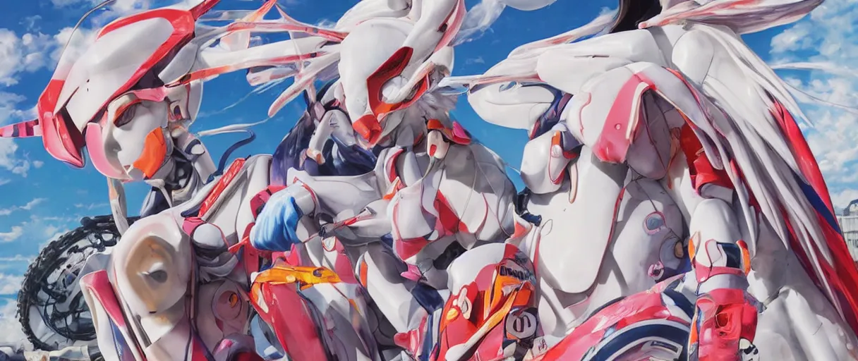 Image similar to billboard advertisement with an extremely beautiful photo of a white marble statue of an anime girl with colorful motocross logos and motorcycle helmet with closed visor, colorful smoke in the background, carved marble statue, fine art, neon genesis evangelion, virgil abloh, offwhite, denoise, highly detailed, 8 k, hyperreal